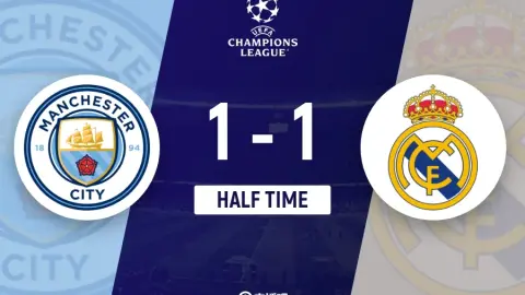 Champions League: Hiệp một - Mười người Manchester City 1-1 Real Madrid dẫn trước 1-4 với tổng tỷ số 1-4. Áo đỏ trực tiếp ở ghế B + bóng chạm tay khiến Haaland ghi bàn.