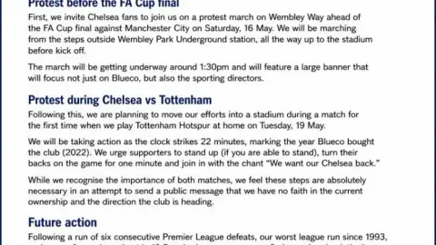 Tổ chức cổ động viên Chelsea ra thông báo kêu gọi người hâm mộ tham gia biểu tình phản đối Blueco