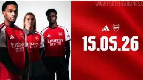 Hình ảnh áo đấu sân nhà của Arsenal mùa tới: hai loại màu đỏ, có họa tiết ngoằn ngoèo ở cổ và tay áo