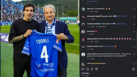 Tonali trở lại Ý trong kỳ nghỉ để cổ vũ cho đội bóng thời thơ ấu Brescia