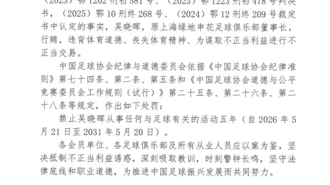 Quan chức Hiệp hội bóng đá: Cựu chủ tịch Shenhua Wu Xiaohui bị cấm tham gia bóng đá 5 năm! Hối lộ và giao dịch không đúng đắn