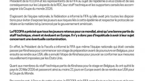 Quan chức Congo: Các cầu thủ và đội ngũ kỹ thuật được chọn dự World Cup không có nguy cơ nhiễm virus Ebola