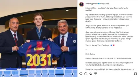 Gordon đăng ảnh lên mạng xã hội: Gia nhập Barcelona là một giấc mơ trở thành hiện thực và anh sẽ làm việc chăm chỉ để giúp đội bóng giành được nhiều danh hiệu hơn