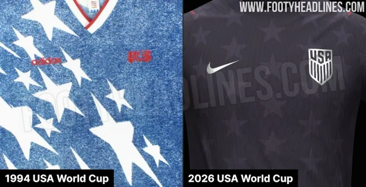 Hình ảnh áo đấu sân khách World Cup 2026 của Đội tuyển Mỹ: màu đen carbon + logo bạc + họa tiết ngôi sao
