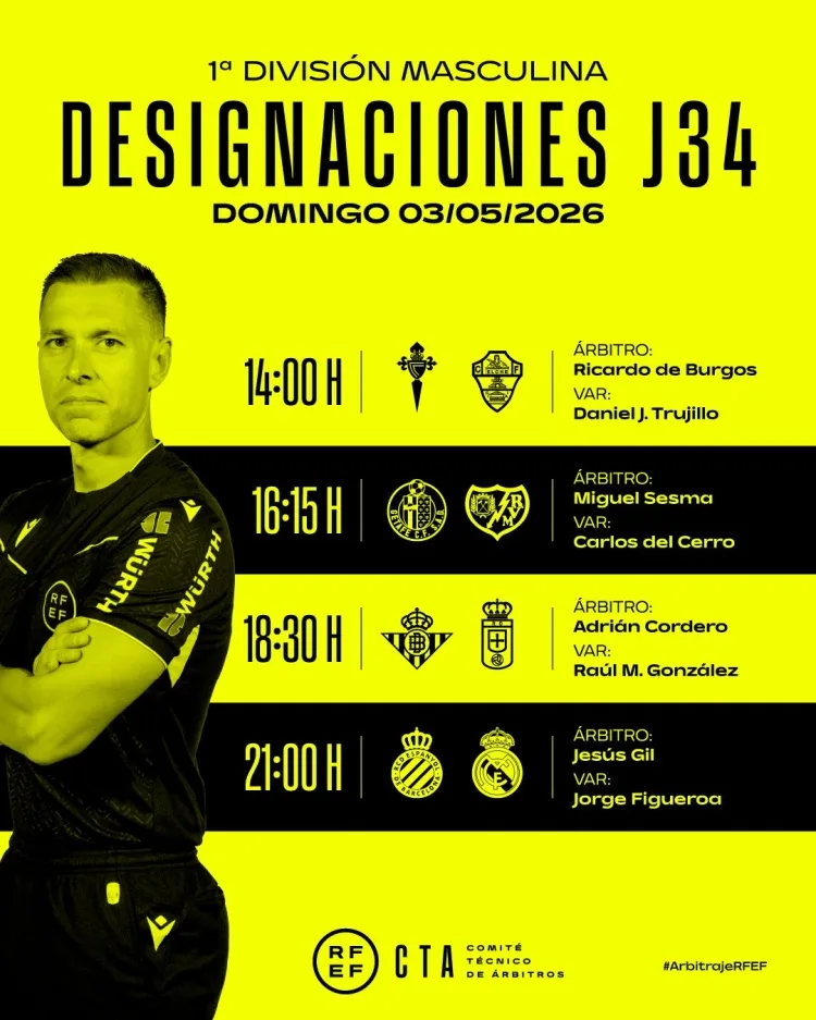 La Liga công bố một phần danh sách trọng tài vòng 34, Jesus Gil cầm còi trận Real Madrid