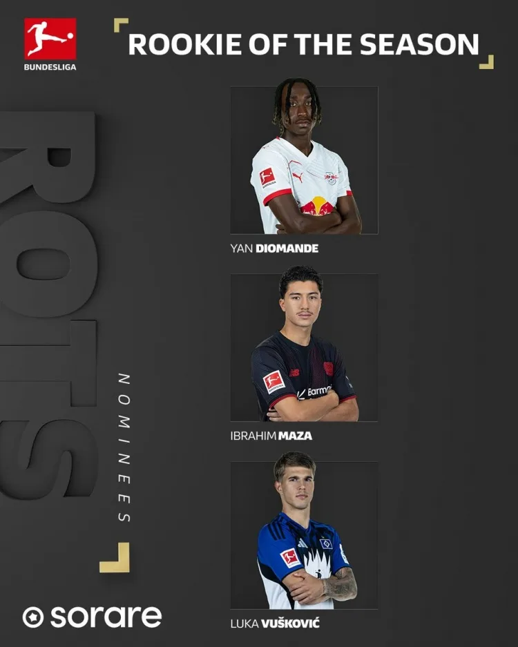 Ứng viên tân binh xuất sắc nhất mùa giải Bundesliga: Tiền đạo Diomande của Leipzig và tiền vệ Pharmaceutical Maza có tên trong danh sách