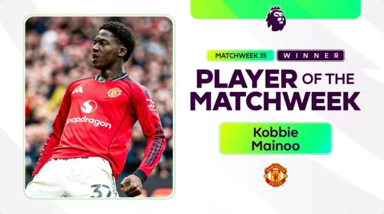 Mainoo được bầu là cầu thủ hay nhất vòng 35 Ngoại hạng Anh sau bàn quyết định ở derby đỏ