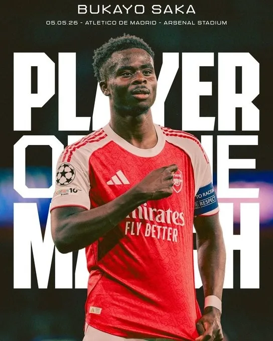 Mục tiêu then chốt! Saka được bầu là cầu thủ xuất sắc nhất trận Arsenal 1-0 Atletico Madrid Madrid