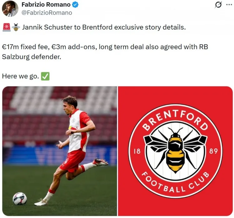 Here we go từ Romano: Brentford chi 20 triệu euro để chiêu mộ hậu vệ Schuster