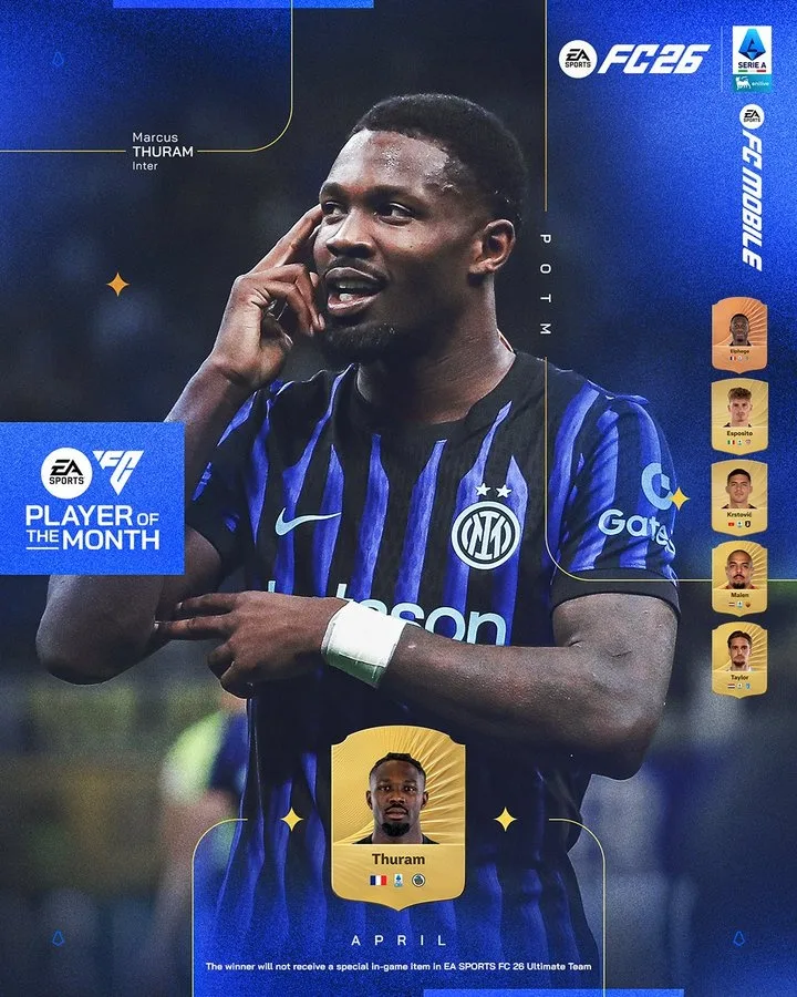 5 bàn và 2 kiến ​​tạo sau 4 trận, chính thức: Tiền đạo Thuram của Inter Milan được bầu là cầu thủ hay nhất Serie A tháng 4