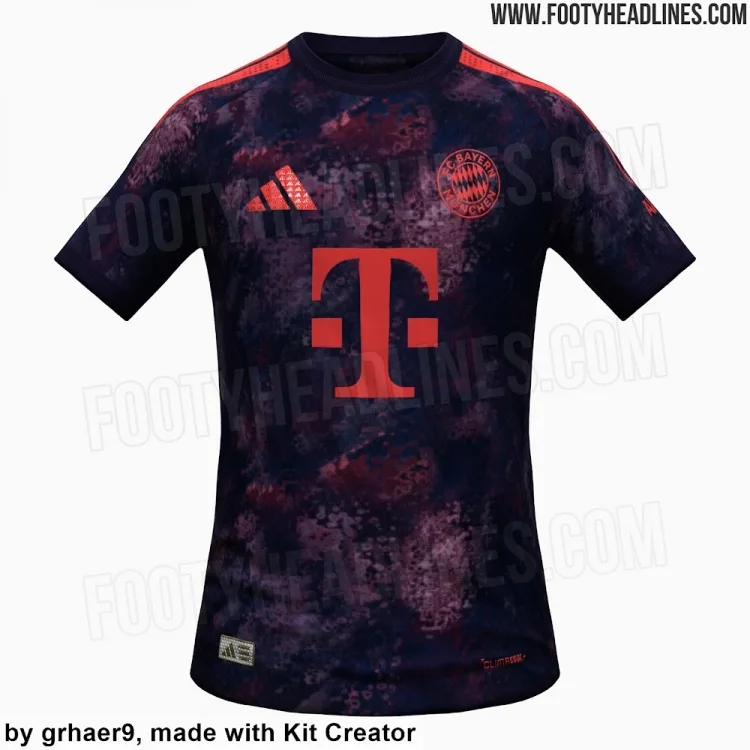 Ảnh lén áo đấu thứ 3 của Bayern mùa tới: nền xanh navy + họa tiết ngẫu nhiên, logo đội đỏ