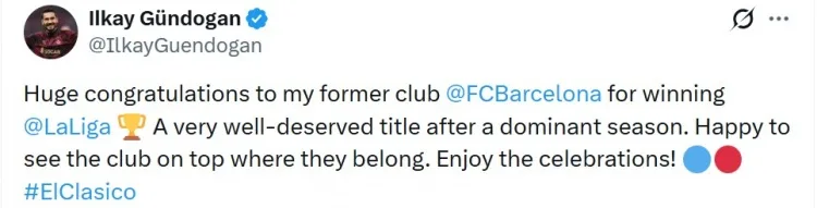 Mạng xã hội của Gundogan đăng tải thông điệp chúc mừng Barcelona giành chức vô địch: Tôi rất vui khi chứng kiến ​​CLB trở lại thời kỳ đỉnh cao