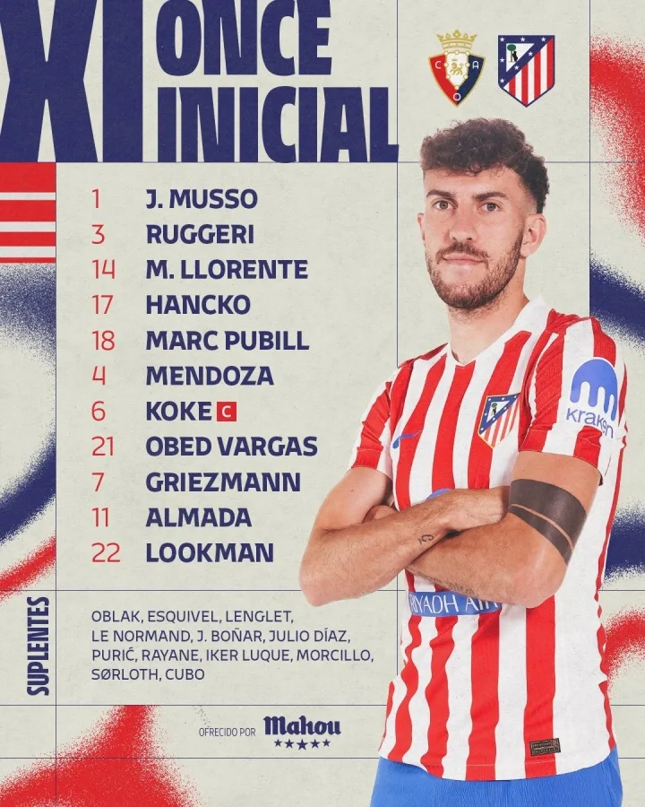 Đội hình xuất phát Atletico Madrid: Griezman và Koke dẫn đầu, Spidey vắng mặt, Serlot ngồi dự bị