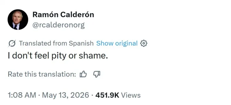 Cựu chủ tịch Real Madrid Calderon đăng trên mạng xã hội: Tôi không cảm thấy đáng thương hay xấu hổ.