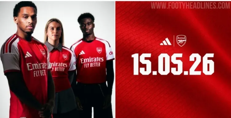 Hình ảnh áo đấu sân nhà của Arsenal mùa tới: hai loại màu đỏ, có họa tiết ngoằn ngoèo ở cổ và tay áo