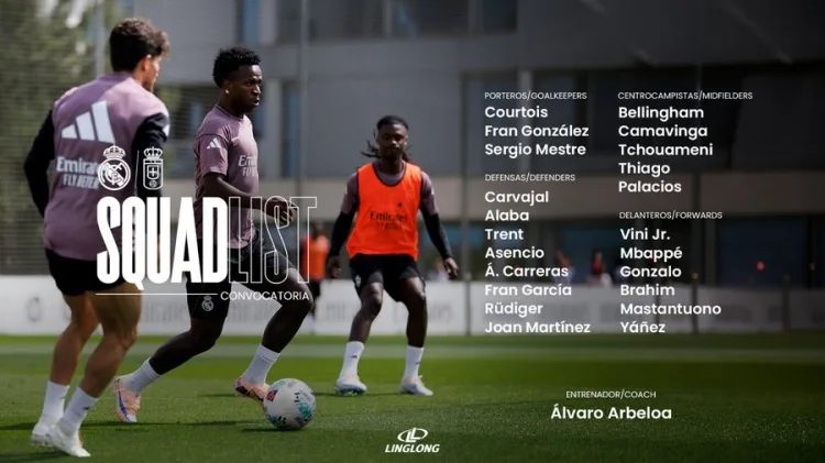 Đội hình Real Madrid vs Real Oviedo: Mbappé trở lại, Vinicius có tên trong danh sách, Lunin vắng mặt