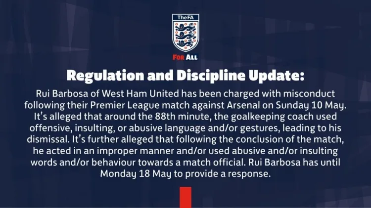 Quan chức FA: HLV thủ môn Barbosa của West Ham bị cáo buộc có hành vi không phù hợp với Arsenal