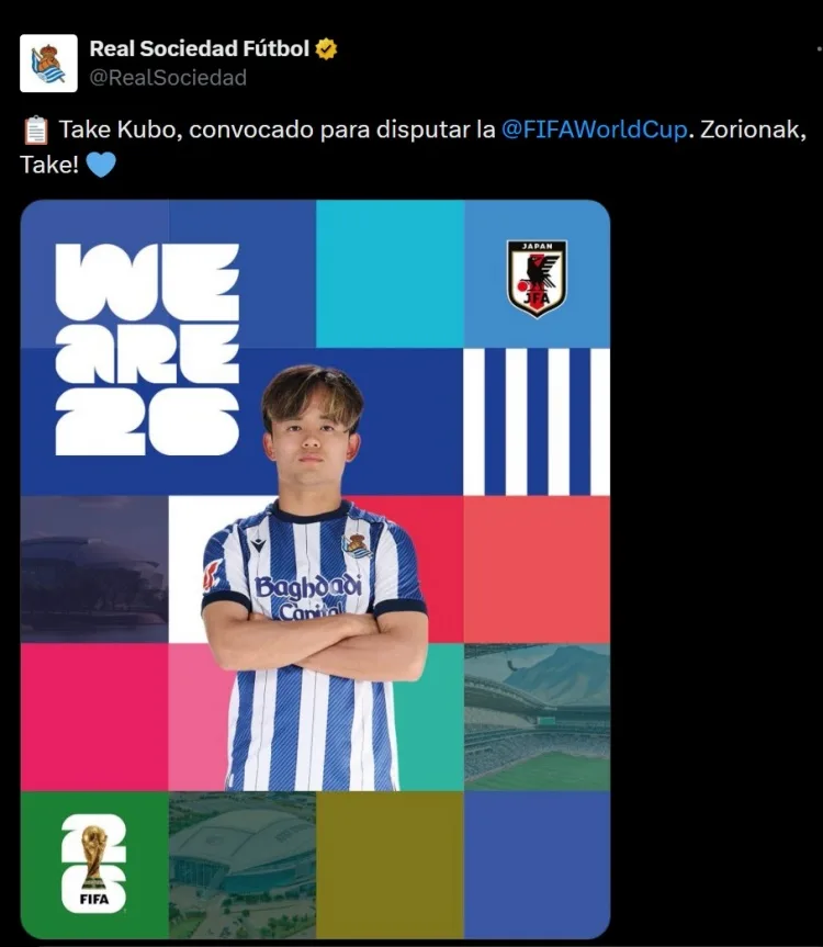 Kubo Takehide được chọn vào đội tuyển Nhật Bản dự World Cup, Royal Sociedad đăng poster lên mạng xã hội để chúc mừng anh