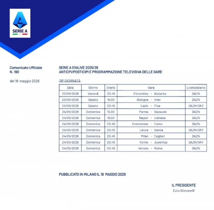 Lịch thi đấu vòng chung kết Serie A: Milan, Roma, Como, Juventus đều khởi tranh ngày 25/5 02:45