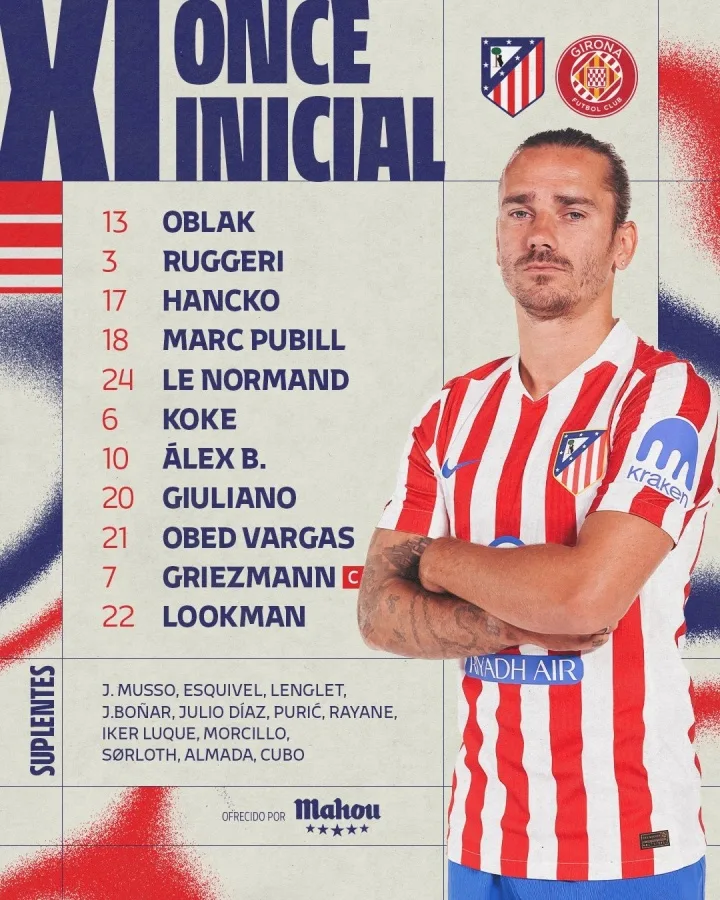 Đội hình xuất phát Atletico Madrid vs Girona: Gezi bắt đầu trận chia tay trên sân nhà, Lookman và Giuliano thi đấu