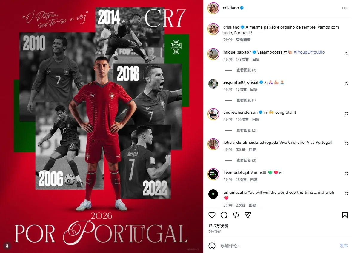 Đã tham gia World Cup 6 lần! Ronaldo 41 tuổi đăng poster World Cup cá nhân: Cố lên nào Bồ Đào Nha!