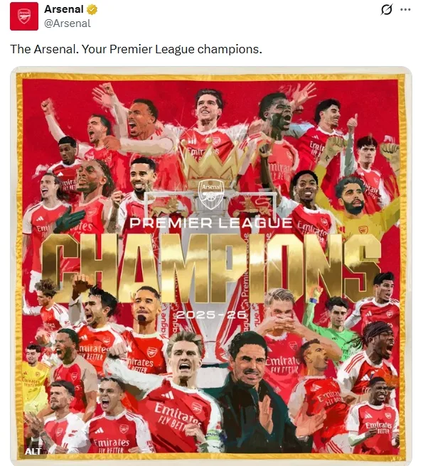 22 năm chờ đợi! Tuyên bố chính thức của Arsenal: Pháo thủ là nhà vô địch Premier League