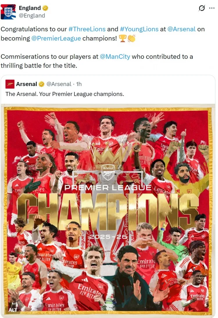 ĐT Anh chính thức gửi poster vô địch của Arsenal: Chúc mừng các thành viên người Anh đã cùng đội bóng giành chức vô địch!