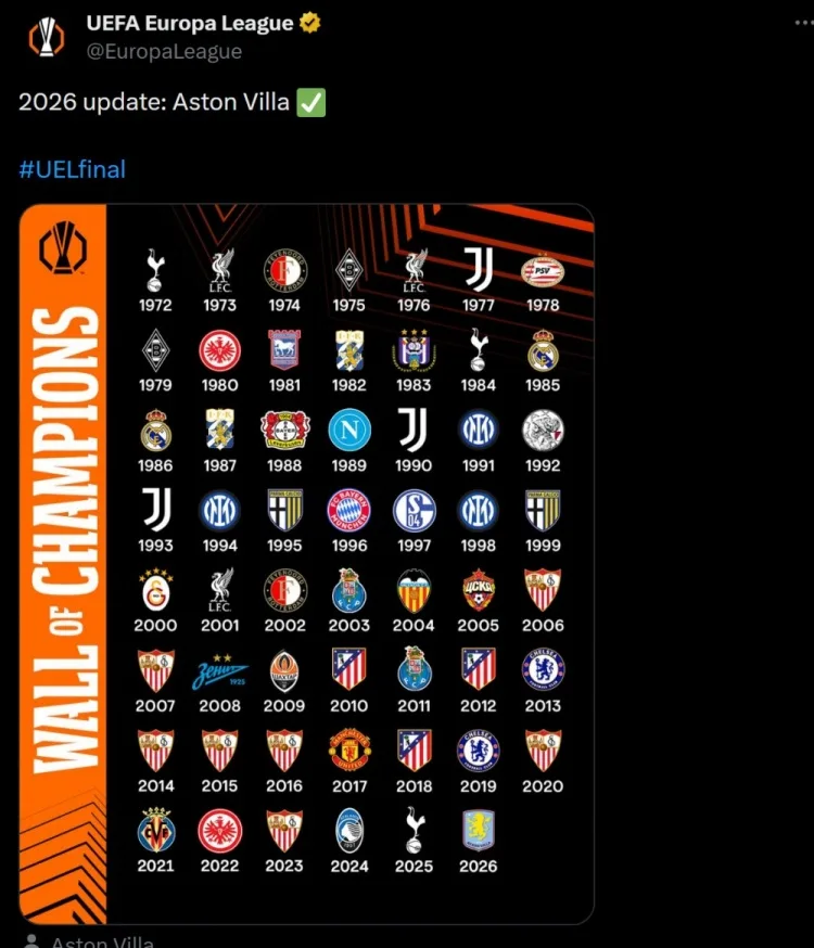 Phương tiện truyền thông xã hội chính thức của Europa League cập nhật bức tường vô địch: Nhà vô địch 2026 Villa!