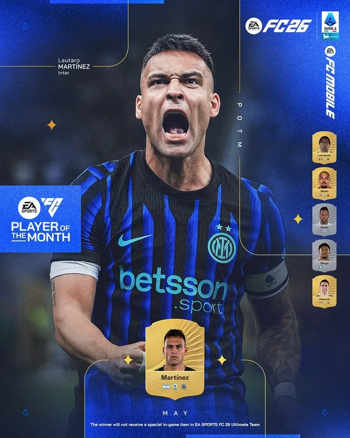 1 bàn và 2 kiến ​​tạo sau 3 trận, chính thức: Tiền đạo Lautaro của Inter Milan được bầu là Cầu thủ xuất sắc nhất tháng của Serie A vào tháng 5
