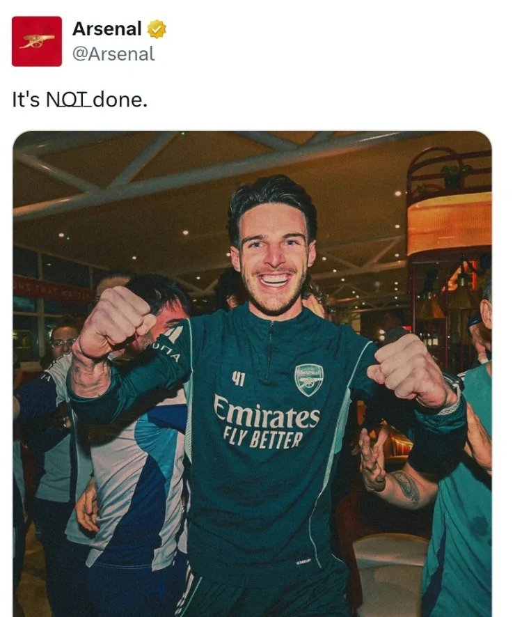 Mục tiêu là vô địch Champions League! MXH Arsenal đăng ảnh ăn mừng Rice: Chưa hết đâu