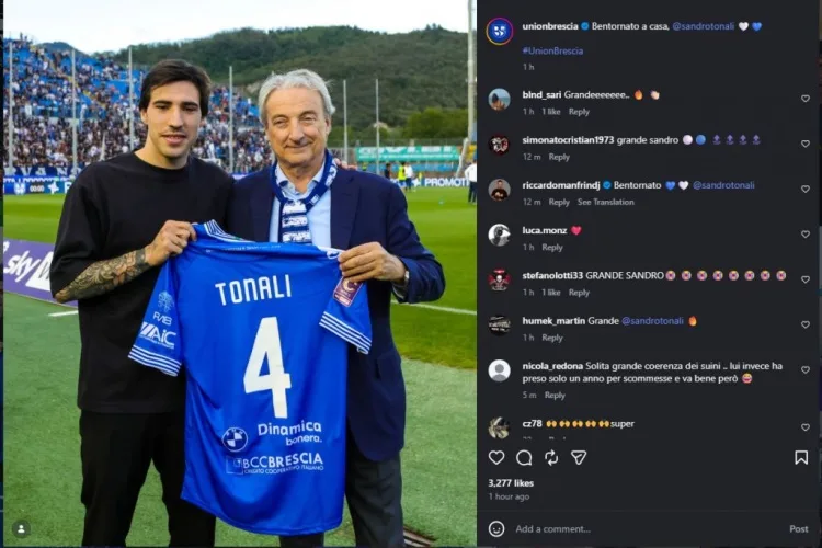 Tonali trở lại Ý trong kỳ nghỉ để cổ vũ cho đội bóng thời thơ ấu Brescia