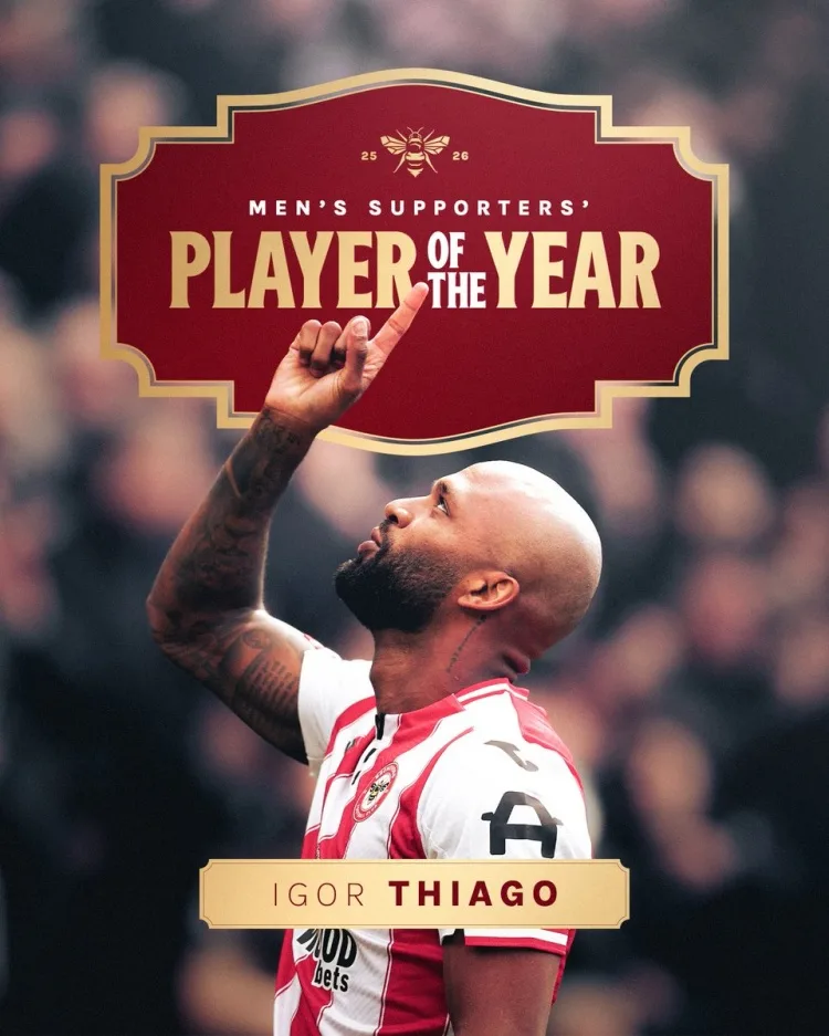 Ghi được 25 bàn thắng! Igor Thiago được người hâm mộ bầu chọn là Cầu thủ xuất sắc nhất mùa giải của Brentford