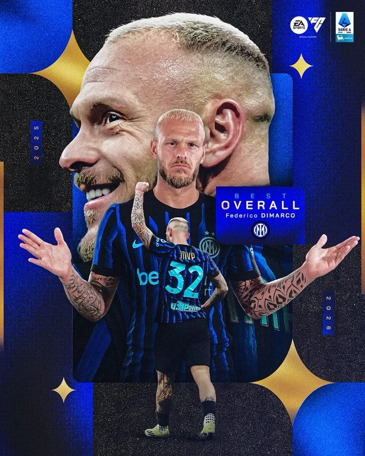 Chính thức: Di Marco được bầu là cầu thủ xuất sắc nhất Serie A mùa giải 25/26 và được trao giải trước trận đấu với Bologna