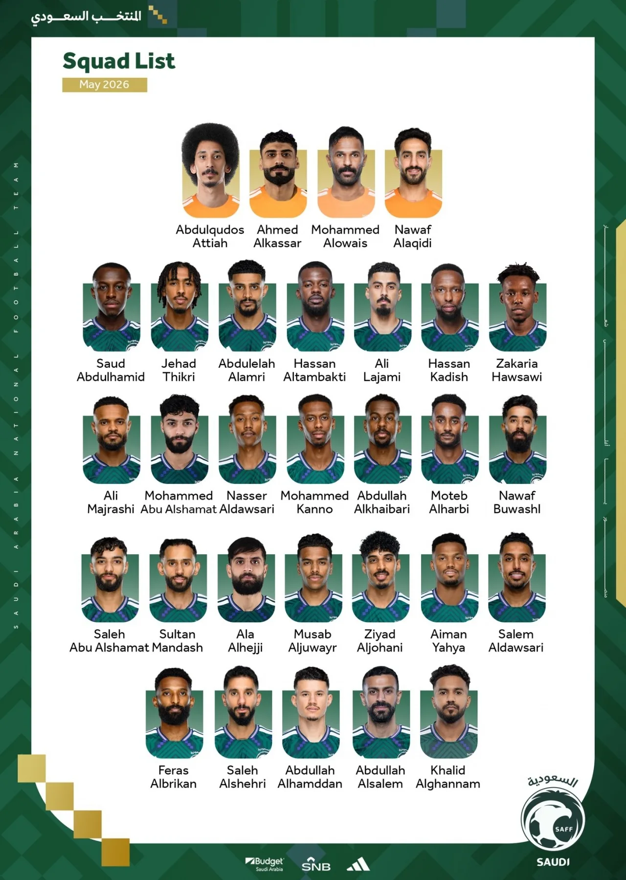 Danh sách sơ bộ đội tuyển Saudi Arabia World Cup 30: Brykan là đội trưởng, Dosari và Al-Aqidi được chọn