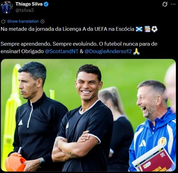 Thiago Silva chia sẻ quá trình tham gia kỳ thi lấy chứng chỉ huấn luyện viên trên mạng xã hội: khóa học đã đi được một nửa chặng đường! Cảm ơn Hiệp hội bóng đá Scotland