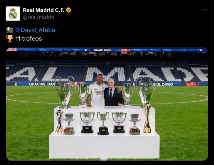 tạm biệt nhé! Mạng xã hội chính thức của Real Madrid đăng tải bức ảnh Alaba và chiếc cúp vô địch 11