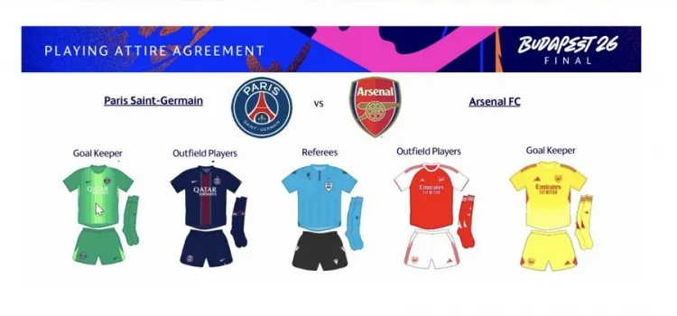 Phóng viên: Áo thi đấu chung kết UEFA Champions League đã được xác nhận. Arsenal sẽ mặc áo đỏ và trắng, trong khi PSG sẽ mặc áo đấu truyền thống của đội nhà