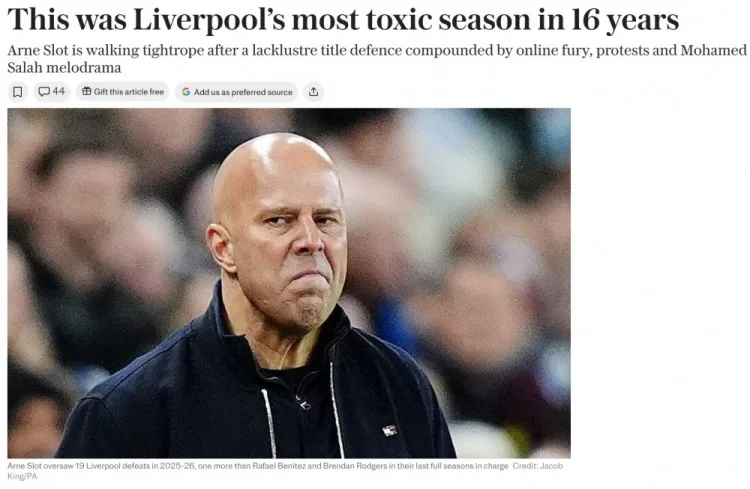 Telegraph: Liverpool trải qua mùa giải tệ nhất 16 năm, nhưng Slot bị chỉ trích quá đà