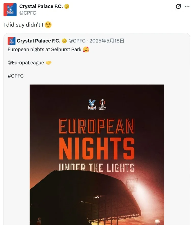 Làm lại lần nữa! Crystal Palace chính thức retweet poster Europa League năm ngoái: Chúng tôi đã bảo rồi