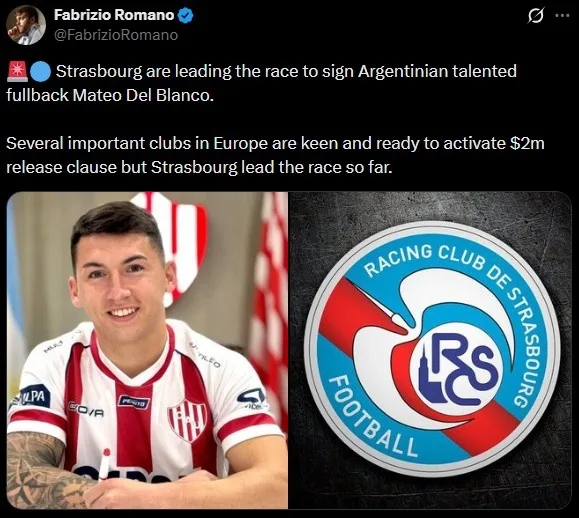 Romano: Strasbourg dẫn đầu cuộc đua giành hậu vệ cánh tài năng người Argentina Del Blanco