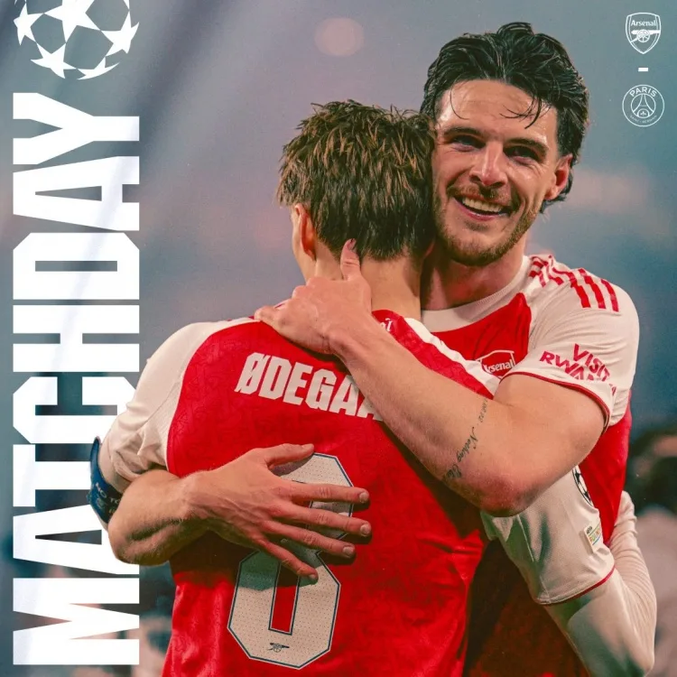 Trận chiến cuối cùng! Arsenal tung poster chung kết Champions League: Rice và Odegaard ôm nhau ăn mừng