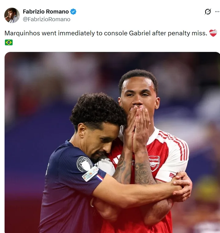Đá hỏng quả phạt đền! Gabriel khóc sau trận đấu, Marquinhos bước tới ôm anh