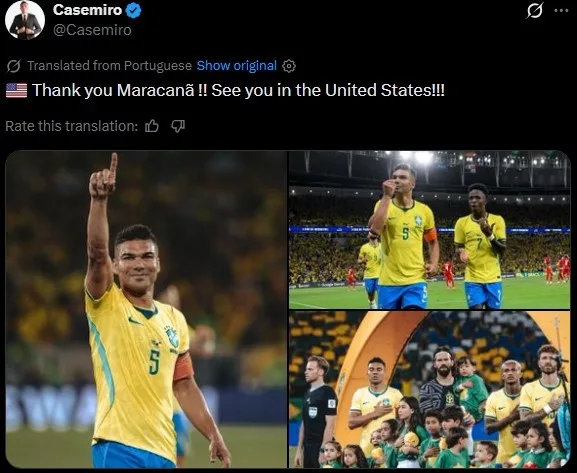 Casemiro đăng trên mạng xã hội để ăn mừng chiến thắng: Cảm ơn người hâm mộ Maracana, hẹn gặp lại ở Mỹ!