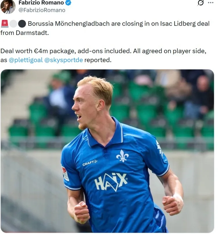 Romano: Tổng giá 400 triệu 400, Borussia Monchenladbach sắp ký hợp đồng với tiền đạo Lidberg của Darmstadt