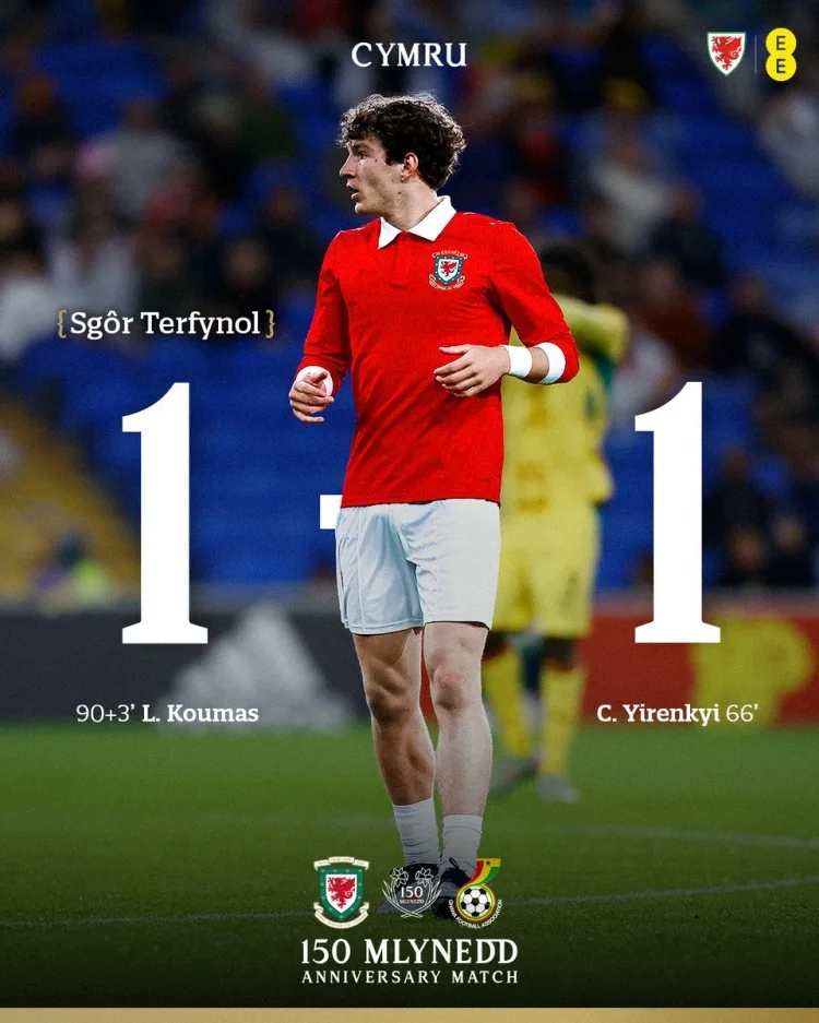 Trong trận giao hữu, Xứ Wales hòa Ghana và Coomas ghi bàn gỡ hòa ngay phút đầu tiên (1-1) (1) (1) (93)
