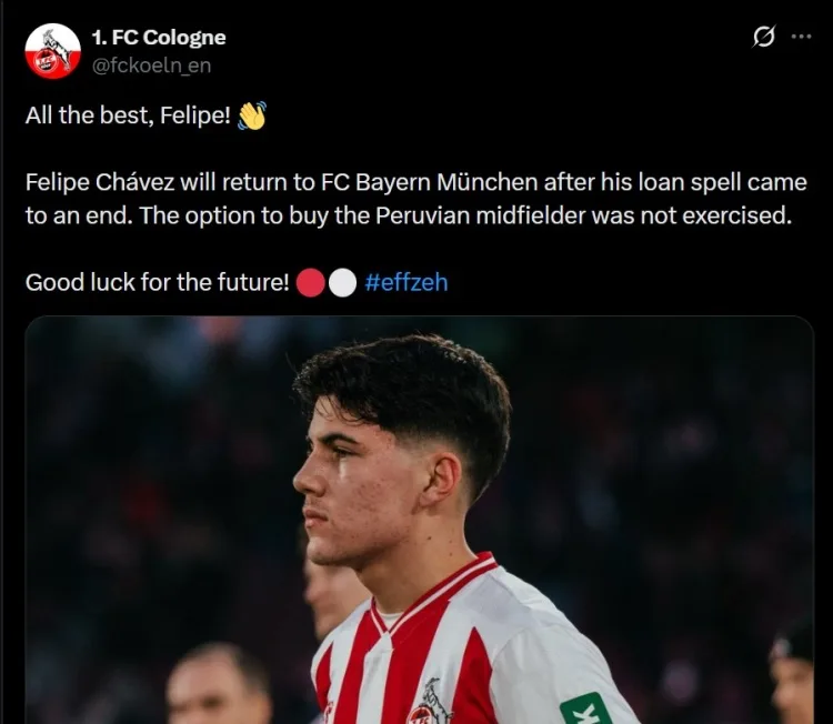 Quan chức Cologne: Chavez sẽ trở lại Bayern sau khi hết hạn cho mượn và câu lạc bộ đã quyết định không thực hiện mua đứt