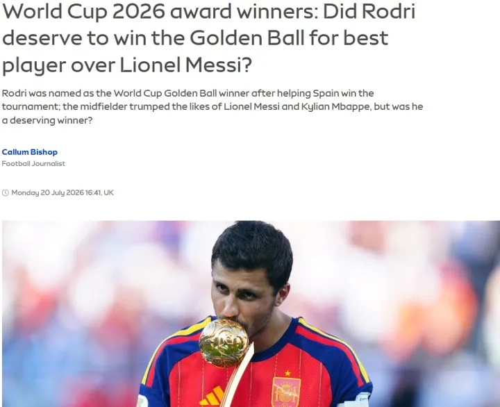 Rodri đánh bại Messi giành Quả bóng vàng World Cup, Sky: Trao cho đội xuất sắc nhất chứ không phải cầu thủ xuất sắc nhất