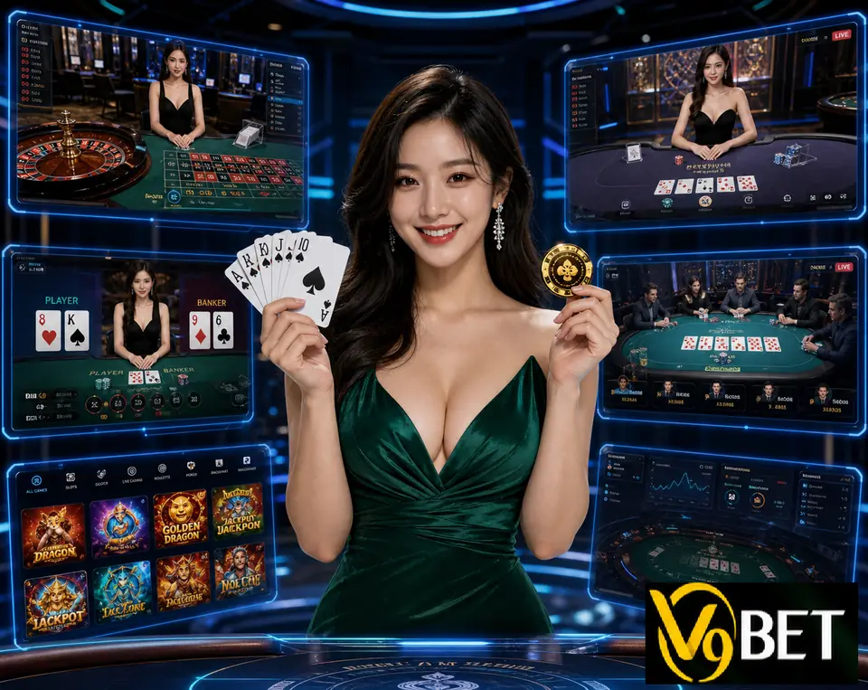 Banner V9Bet phong cách neon với giao diện casino trực tuyến