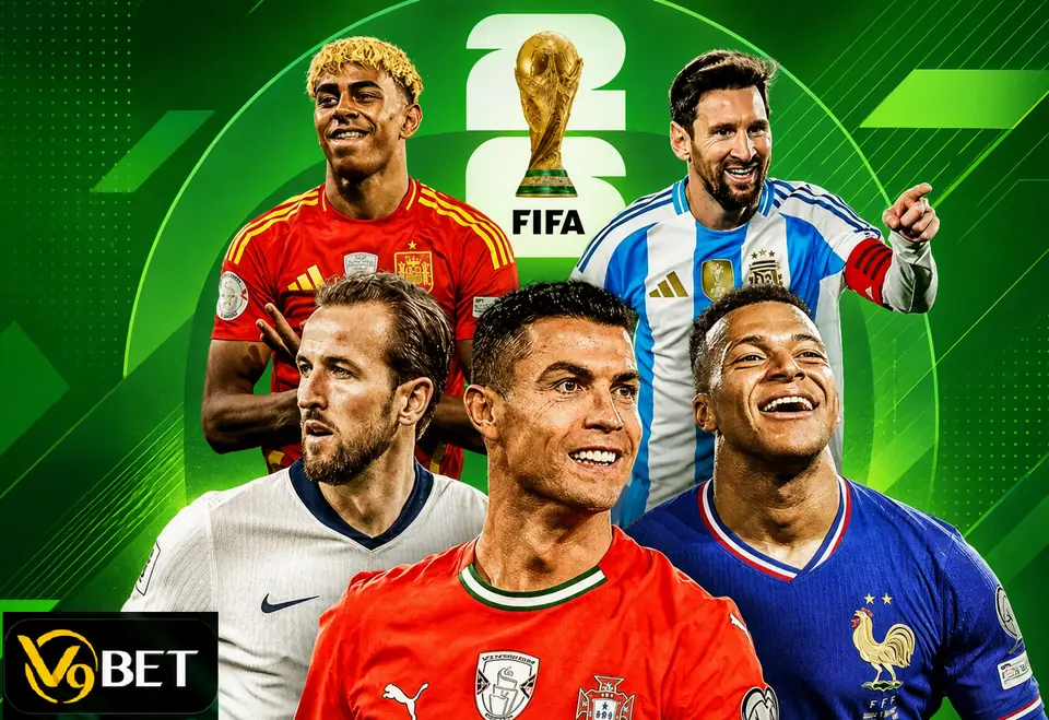 Banner World Cup 2026 với các cầu thủ nổi tiếng và logo V9Bet
